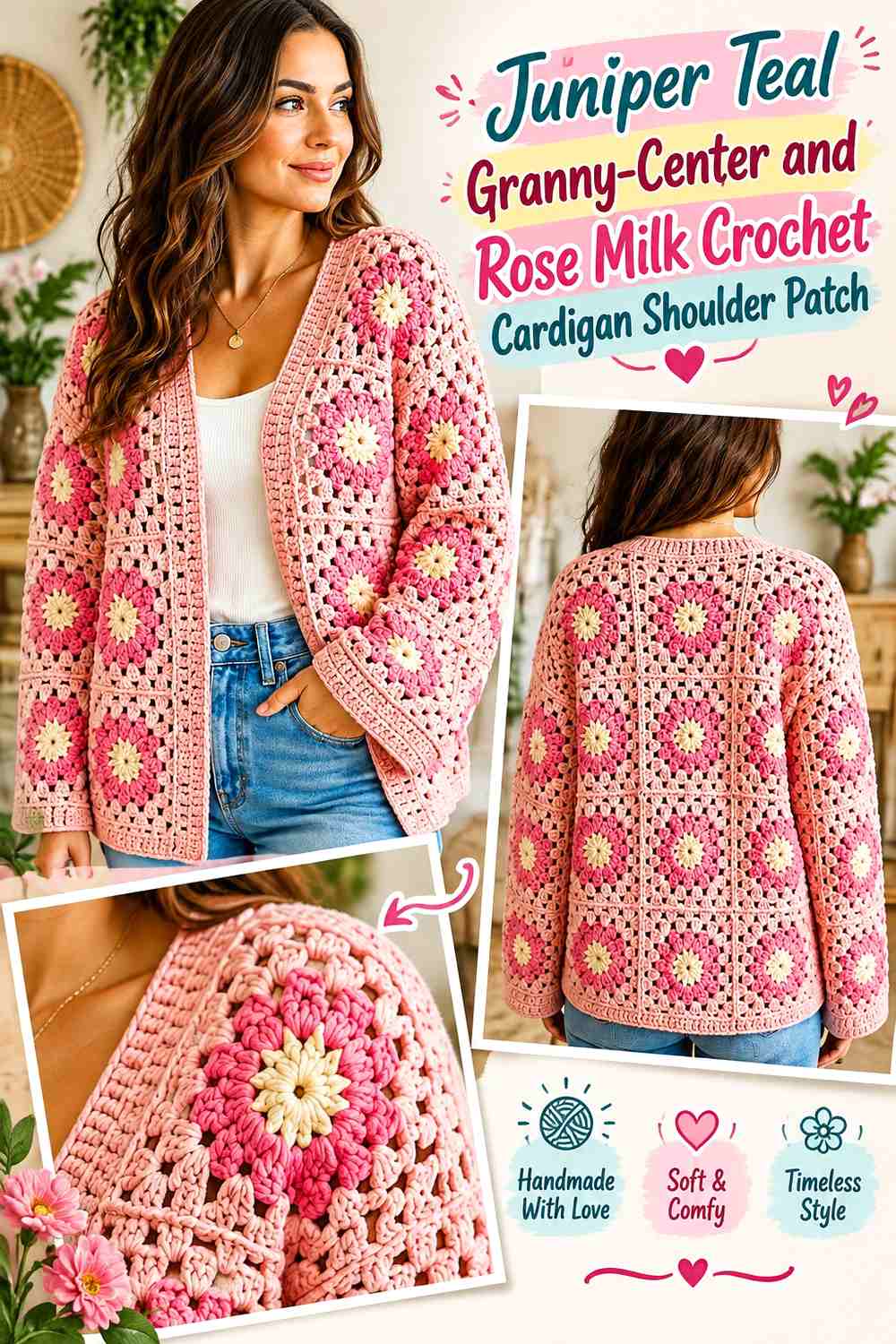 Juniper Teal Granny-Center and Rose Milk Crochet Cardigan Shoulder Patch