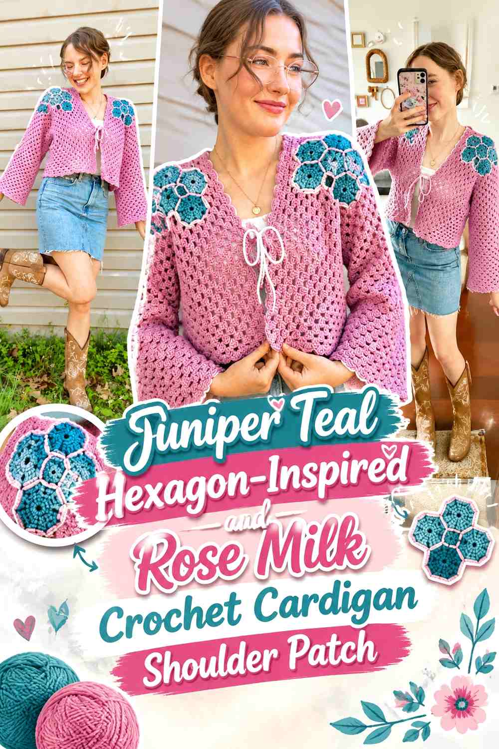 Juniper Teal Hexagon-Inspired and Rose Milk Crochet Cardigan Shoulder Patch