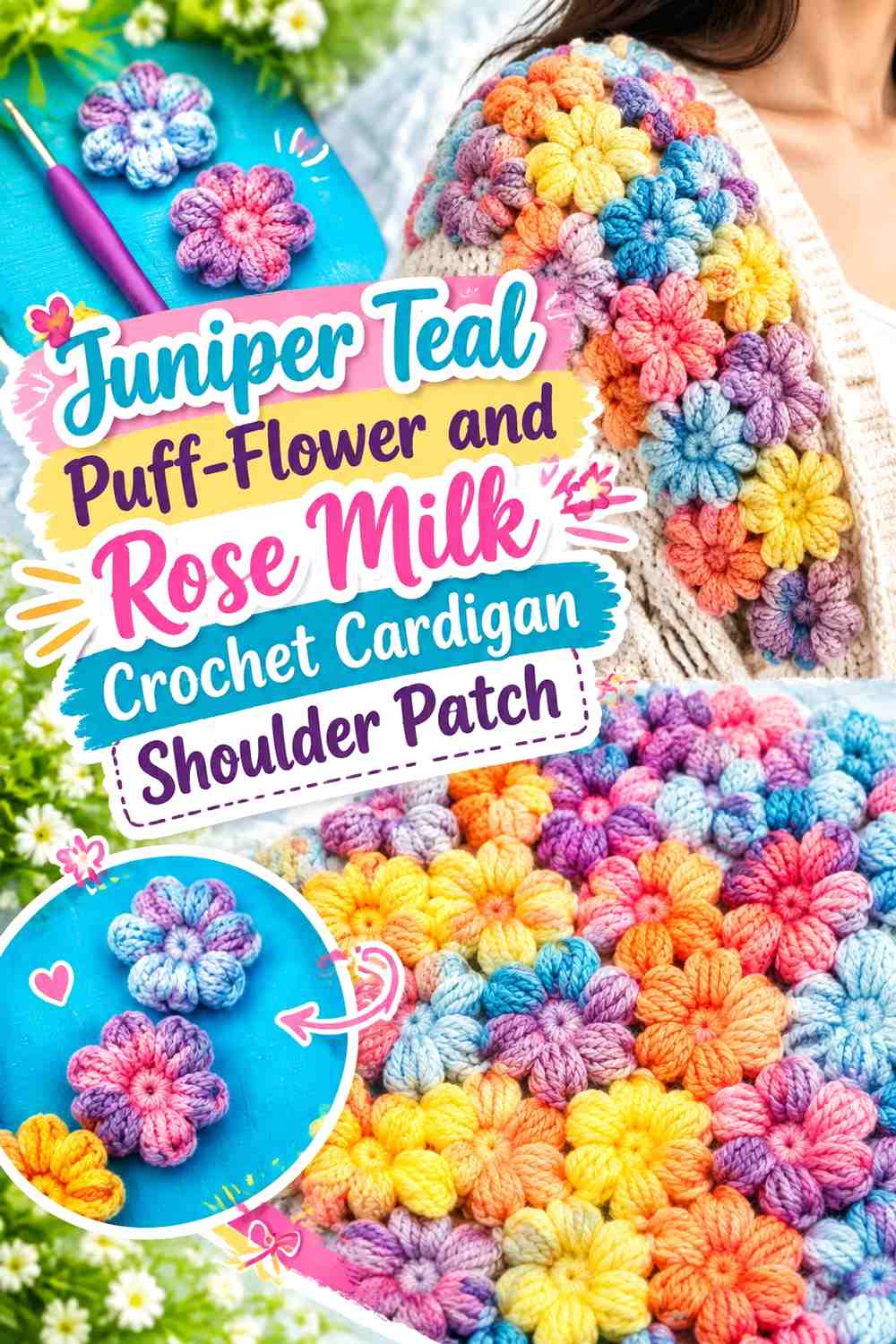 Juniper Teal Puff-Flower and Rose Milk Crochet Cardigan Shoulder Patch