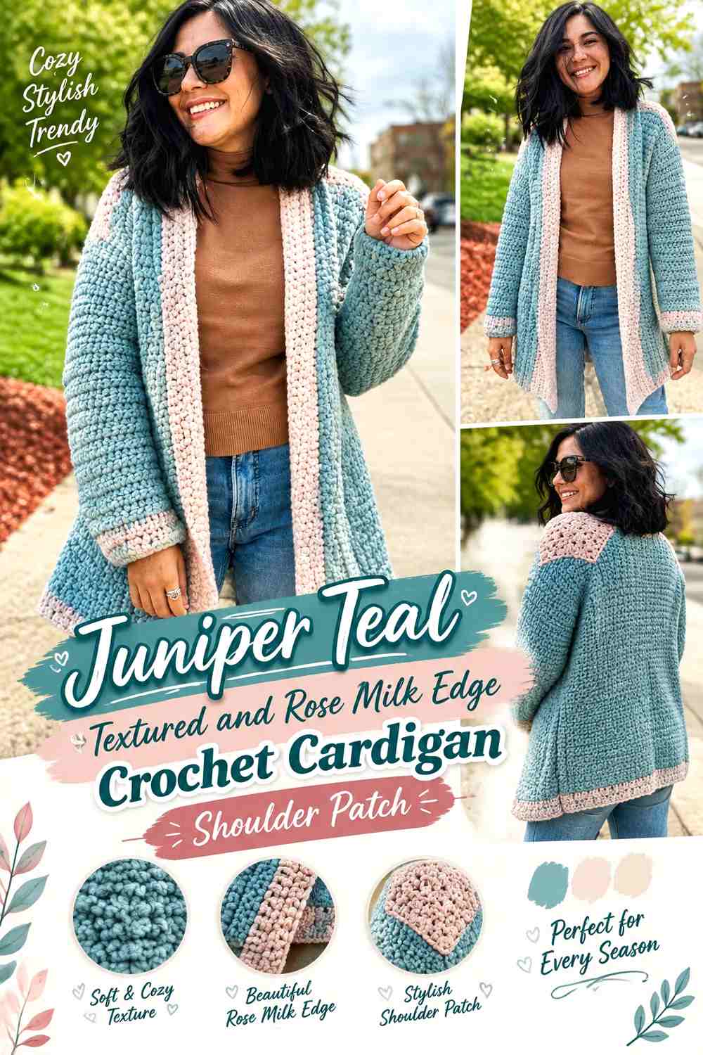 Juniper Teal Textured and Rose Milk Edge Crochet Cardigan Shoulder Patch