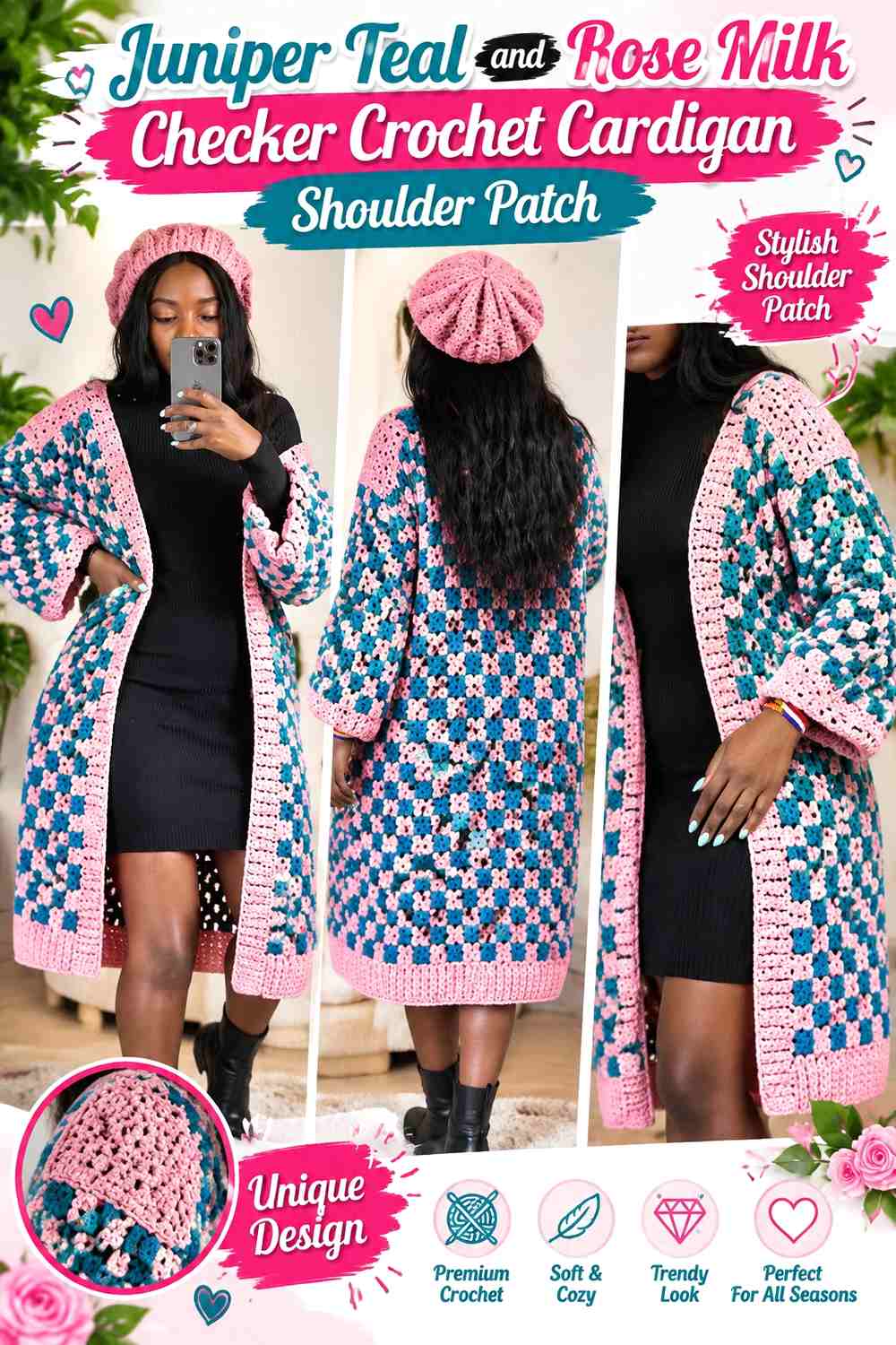 Juniper Teal and Rose Milk Checker Crochet Cardigan Shoulder Patch