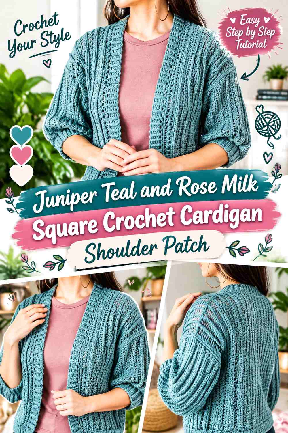 Juniper Teal and Rose Milk Square Crochet Cardigan Shoulder Patch