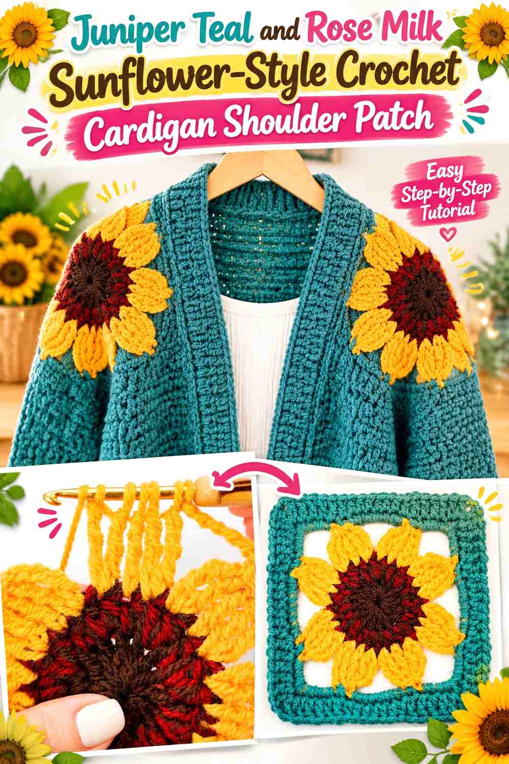 Juniper Teal and Rose Milk Sunflower-Style Crochet Cardigan Shoulder Patch