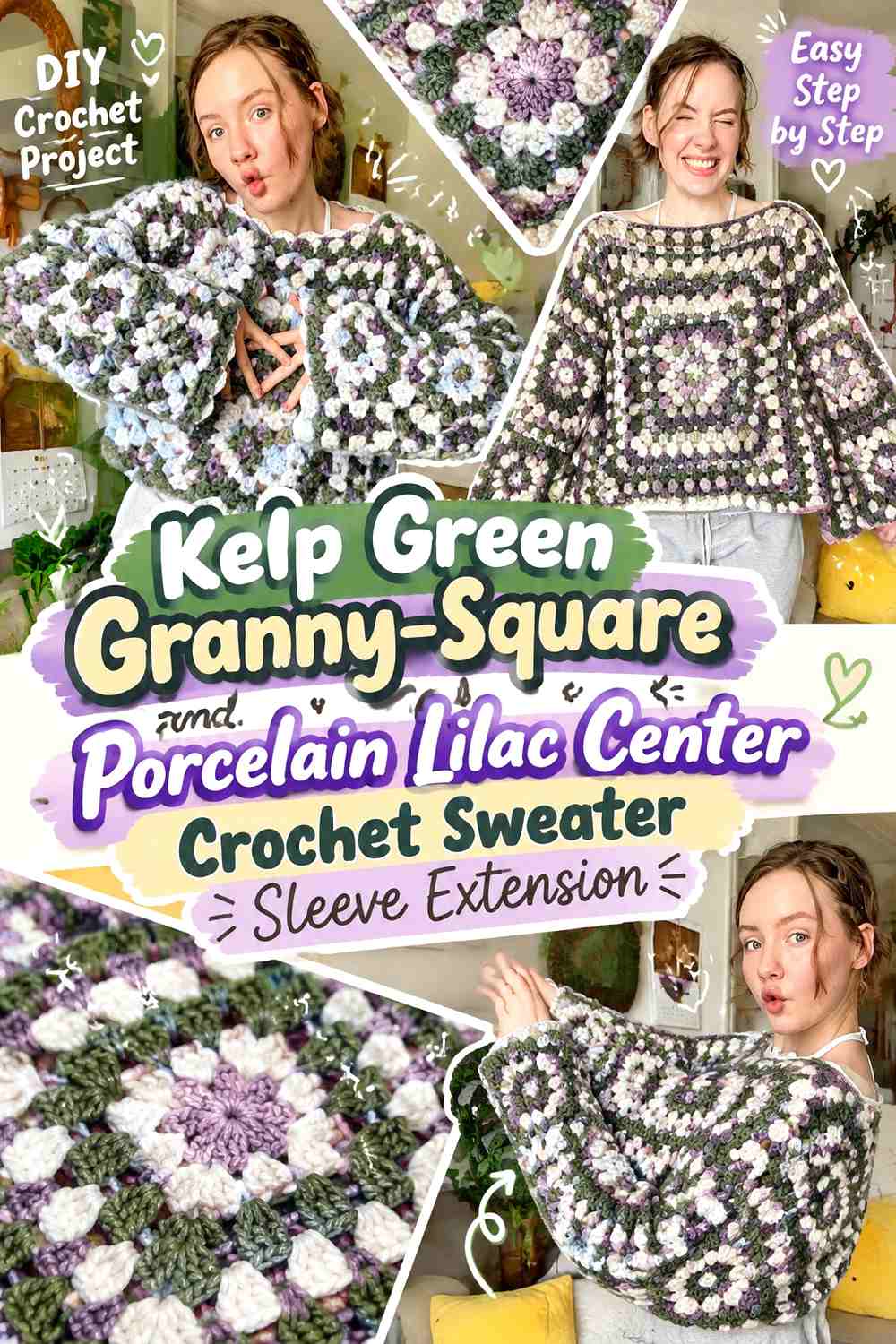 Kelp Green Granny-Square and Porcelain Lilac Center Crochet Sweater Sleeve Extension