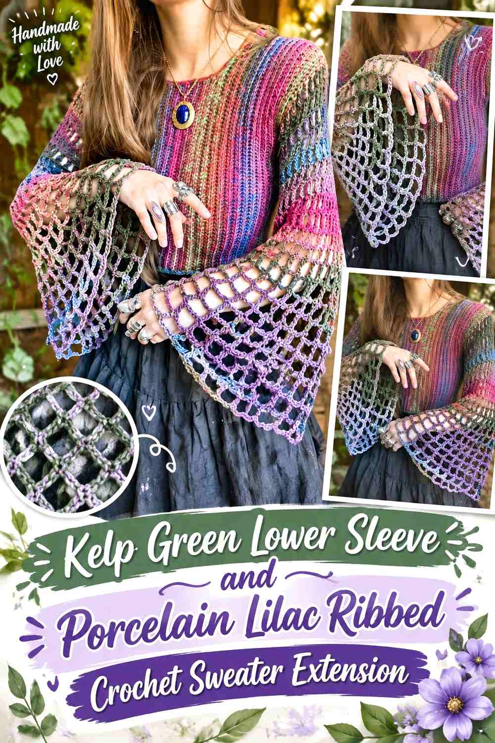 Kelp Green Lower Sleeve and Porcelain Lilac Ribbed Crochet Sweater Extension