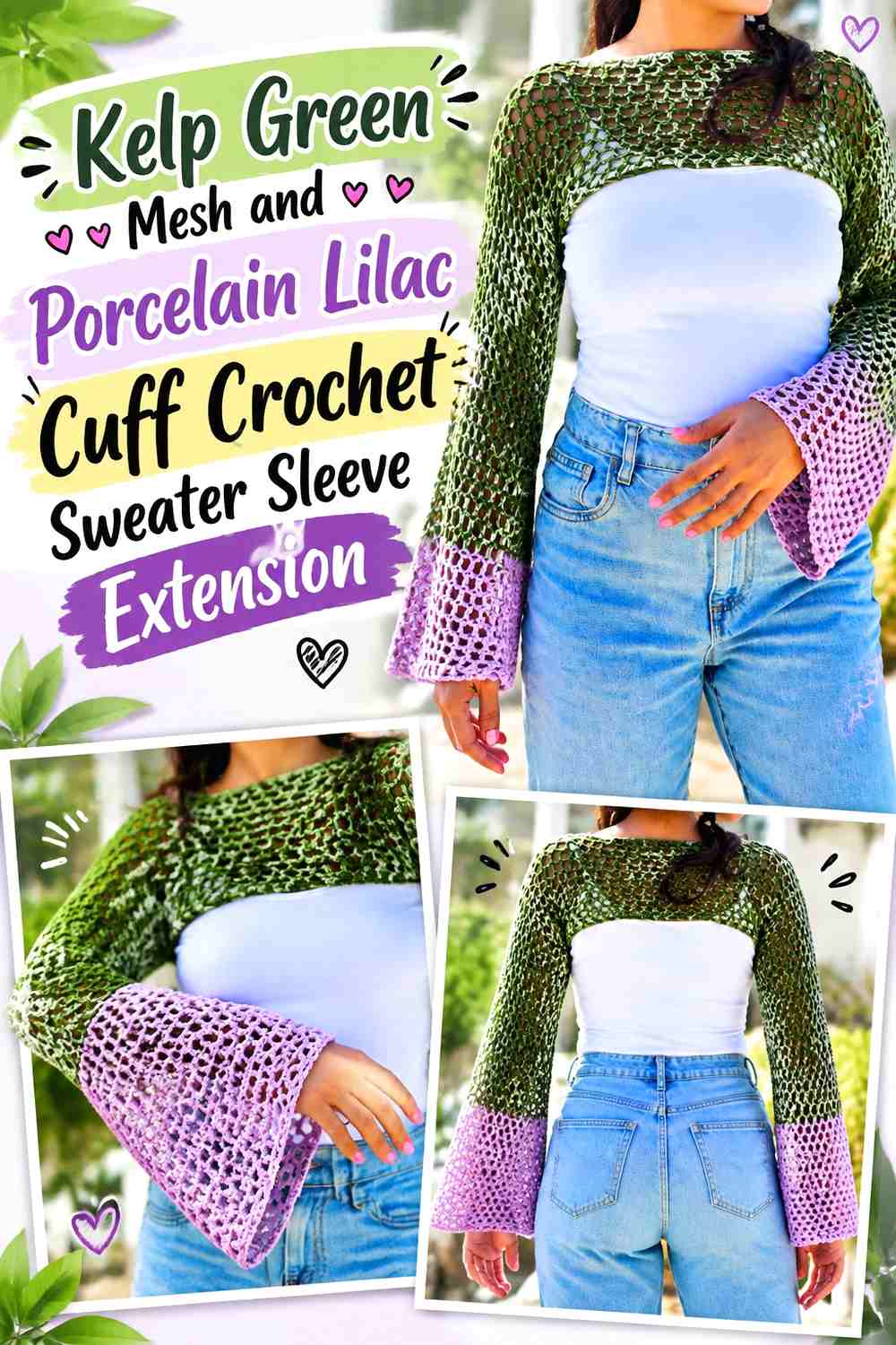 Kelp Green Mesh and Porcelain Lilac Cuff Crochet Sweater Sleeve Extension