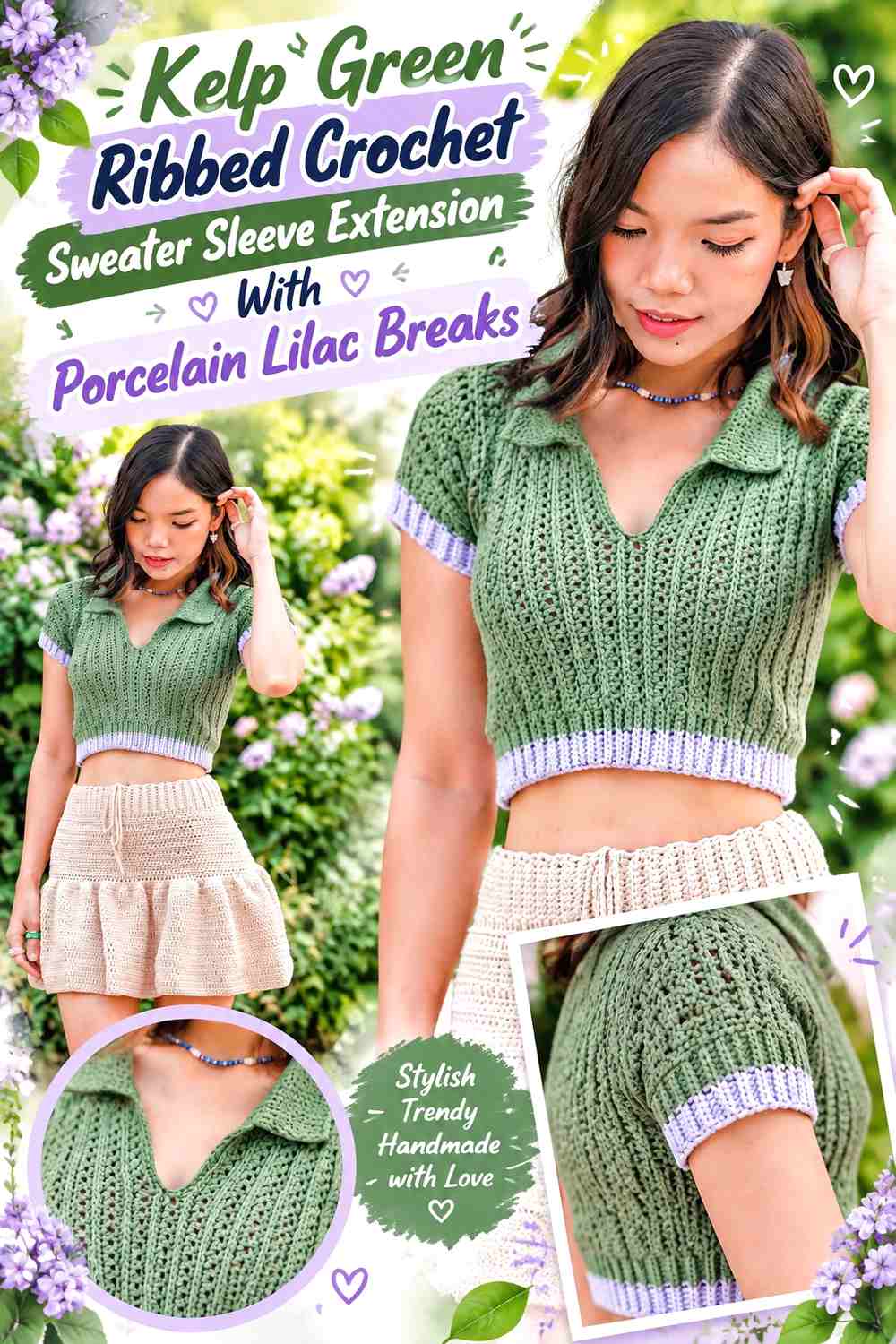 Kelp Green Ribbed Crochet Sweater Sleeve Extension With Porcelain Lilac Breaks
