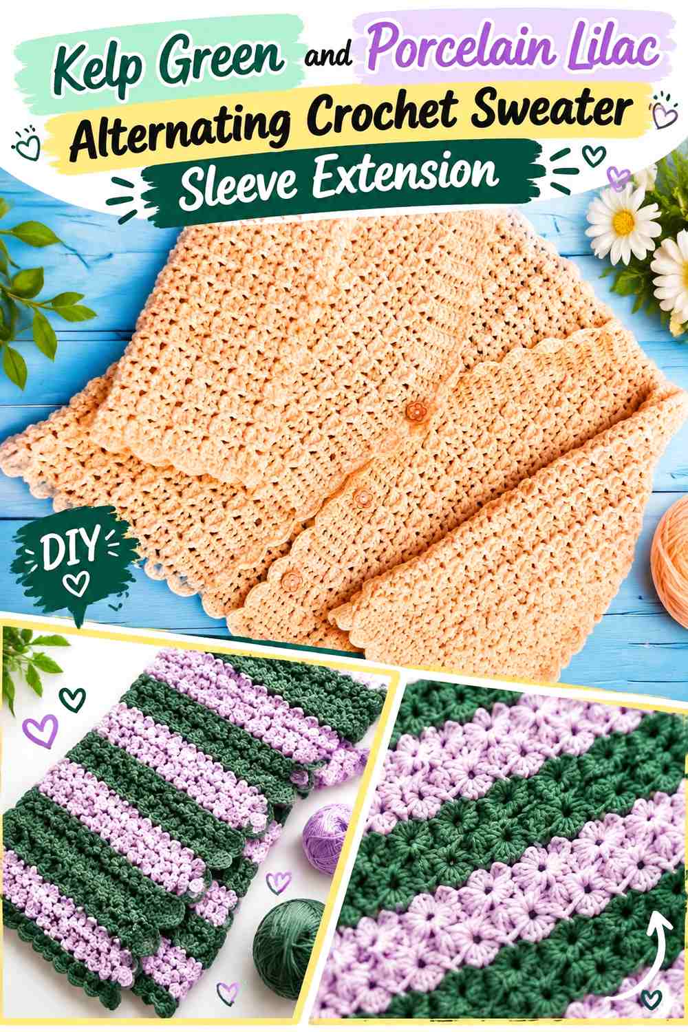 Kelp Green and Porcelain Lilac Alternating Crochet Sweater Sleeve Extension