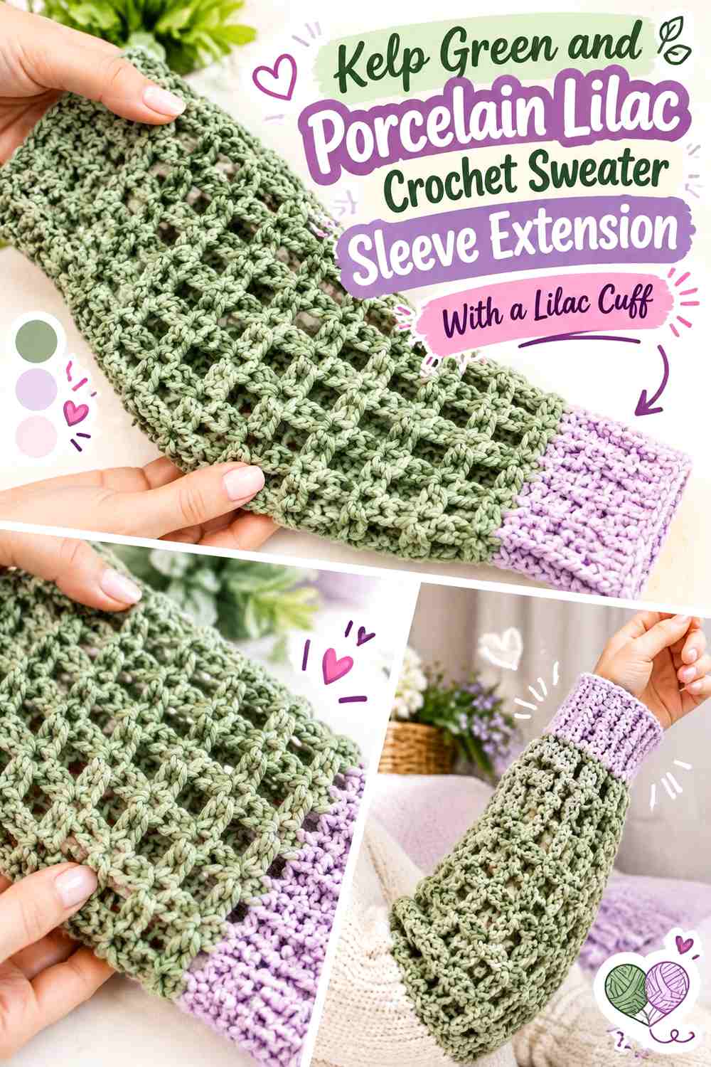 Kelp Green and Porcelain Lilac Crochet Sweater Sleeve Extension With a Lilac Cuff