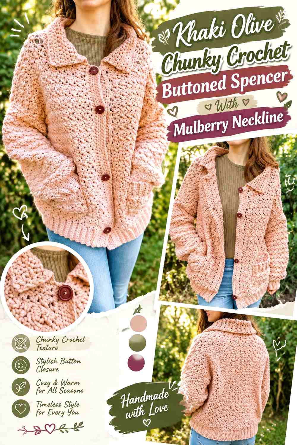 Khaki Olive Chunky Crochet Buttoned Spencer With Mulberry Neckline
