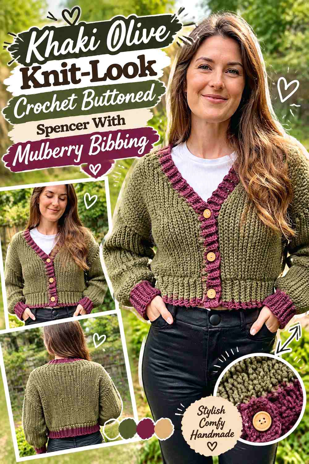 Khaki Olive Knit-Look Crochet Buttoned Spencer With Mulberry Ribbing