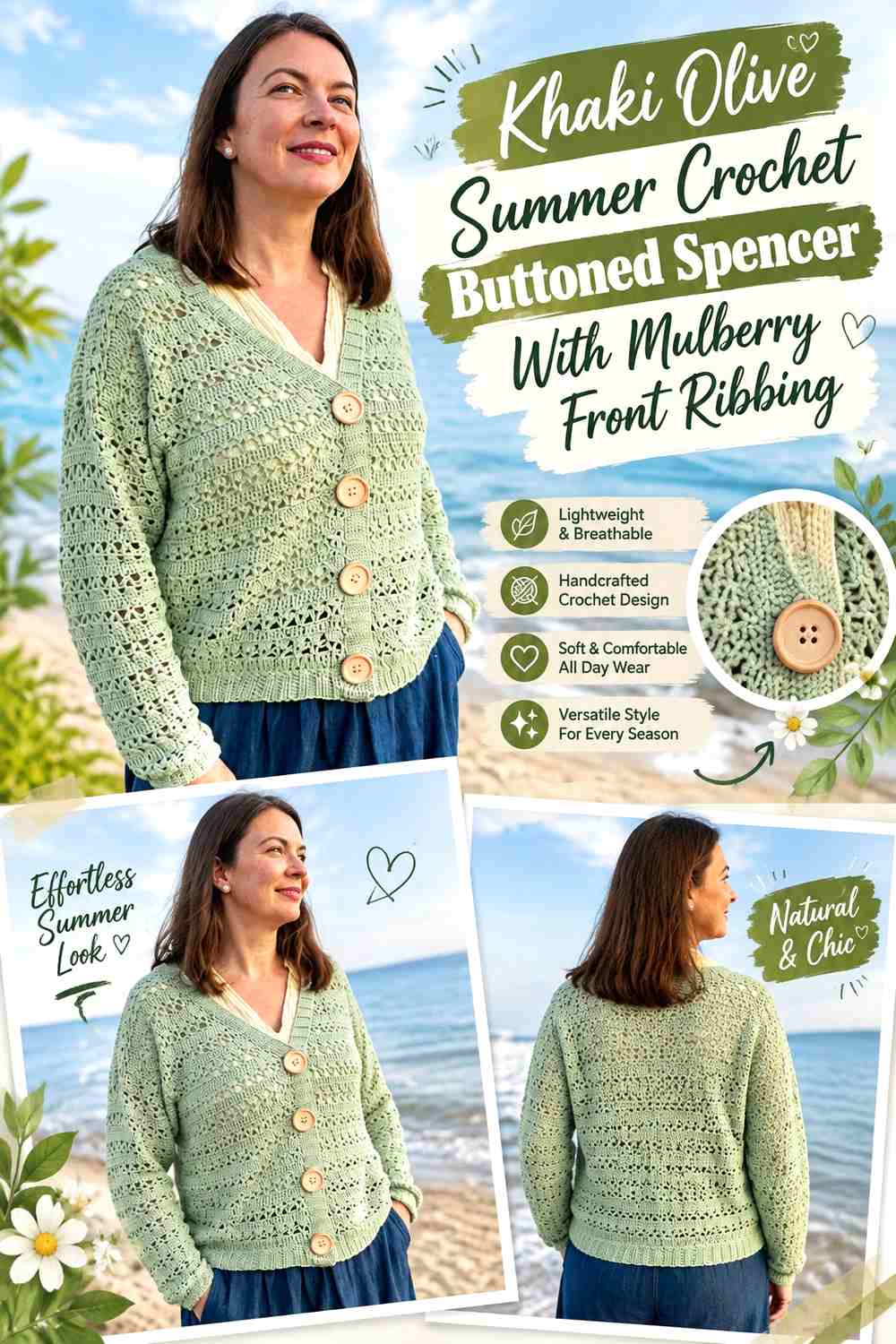 Khaki Olive Summer Crochet Buttoned Spencer With Mulberry Front Ribbing