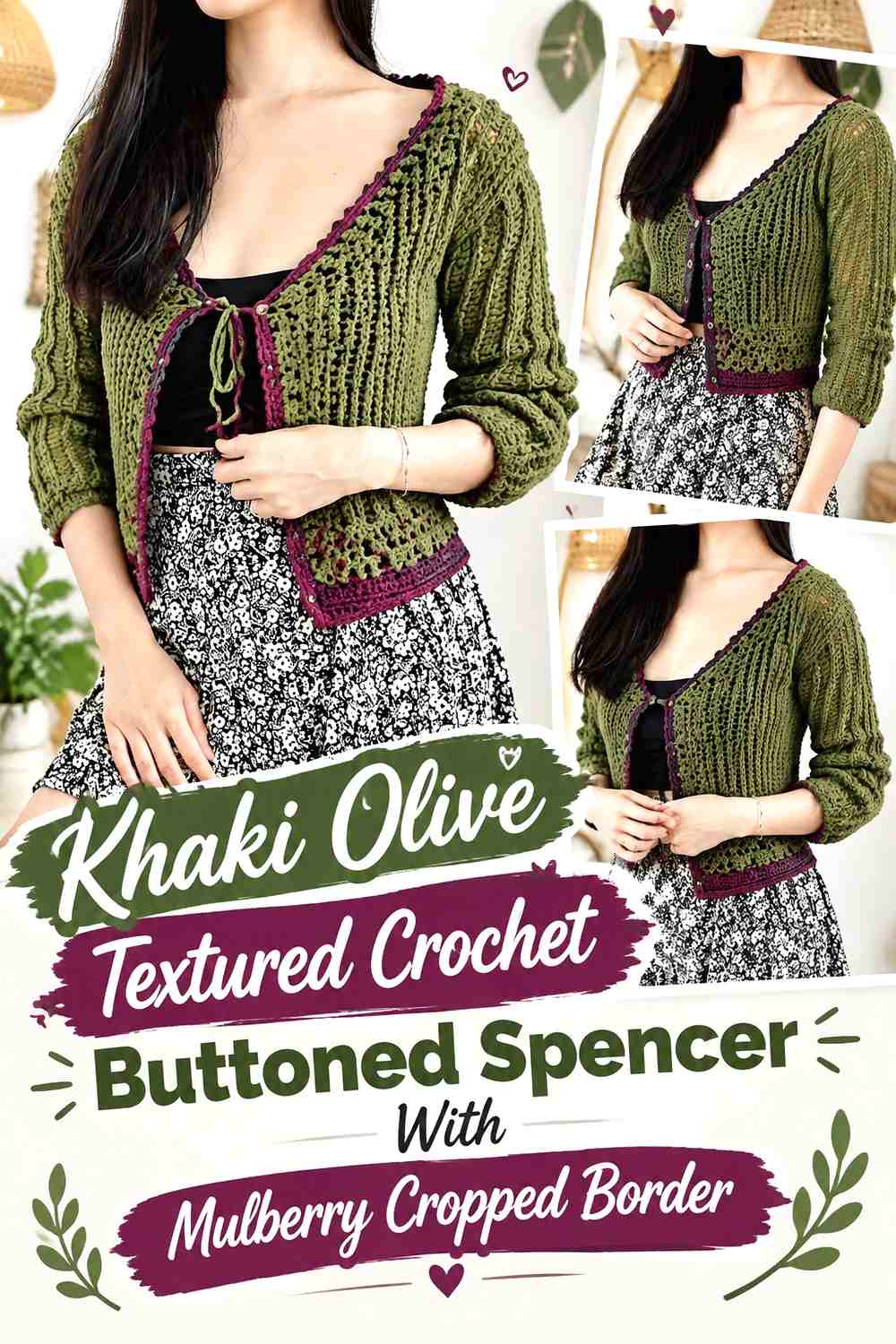 Khaki Olive Textured Crochet Buttoned Spencer With Mulberry Cropped Border