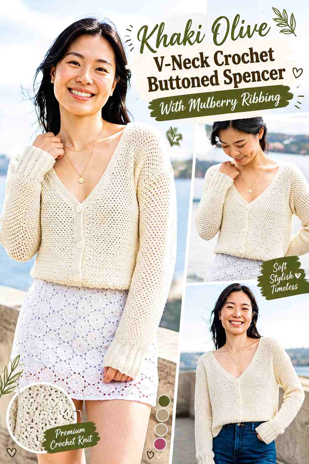 Khaki Olive V-Neck Crochet Buttoned Spencer With Mulberry Ribbing