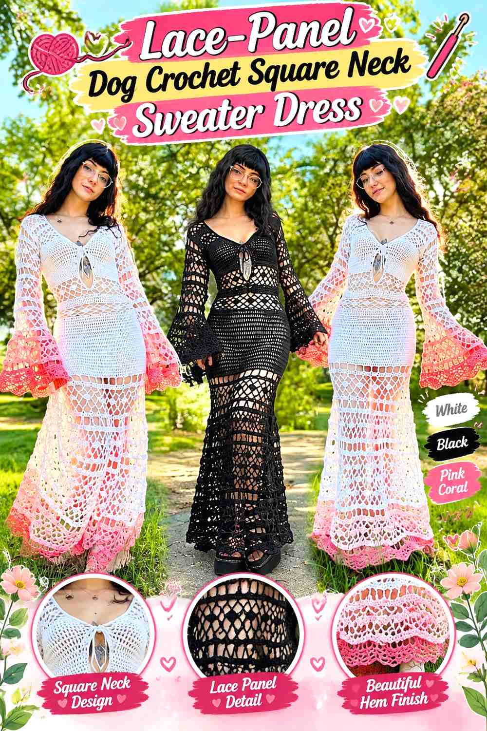 Lace-Panel Dog Crochet Square Neck Sweater Dress