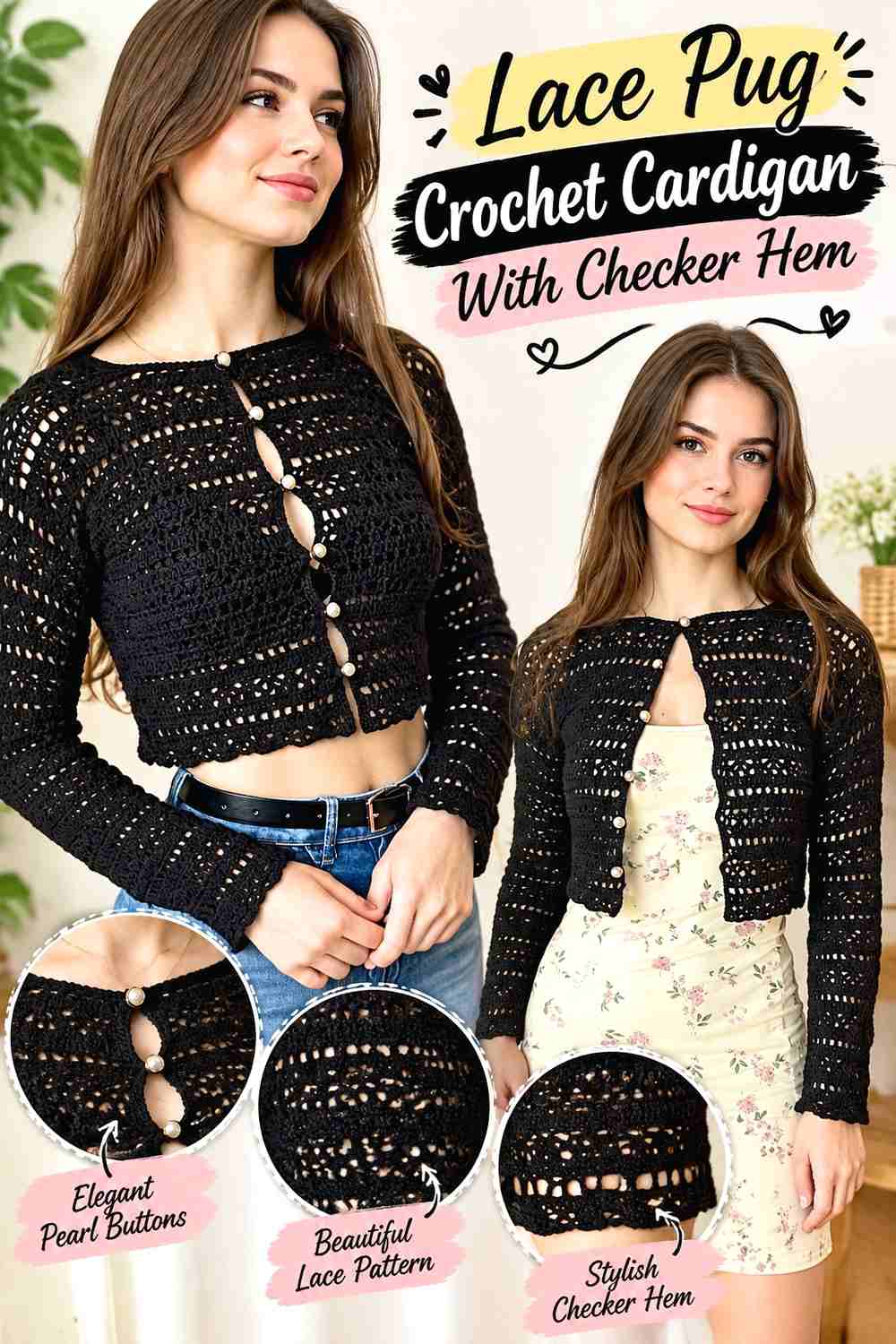 Lace Pug Crochet Cardigan With Checker Hem