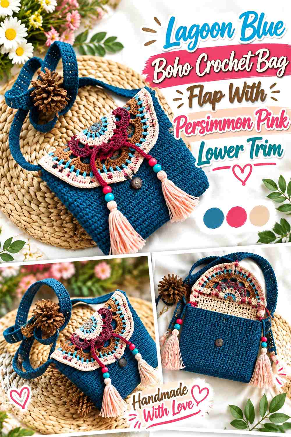 Lagoon Blue Boho Crochet Bag Flap With Persimmon Pink Lower Trim