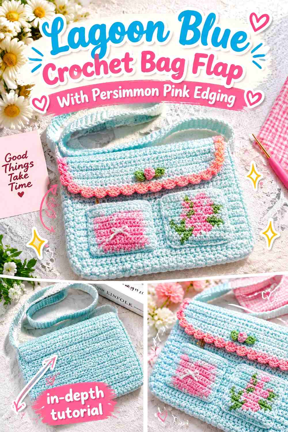 Lagoon Blue Crochet Bag Flap With Persimmon Pink Edging