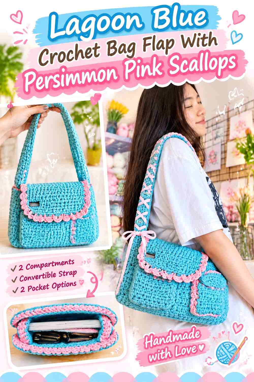 Lagoon Blue Crochet Bag Flap With Persimmon Pink Scallops