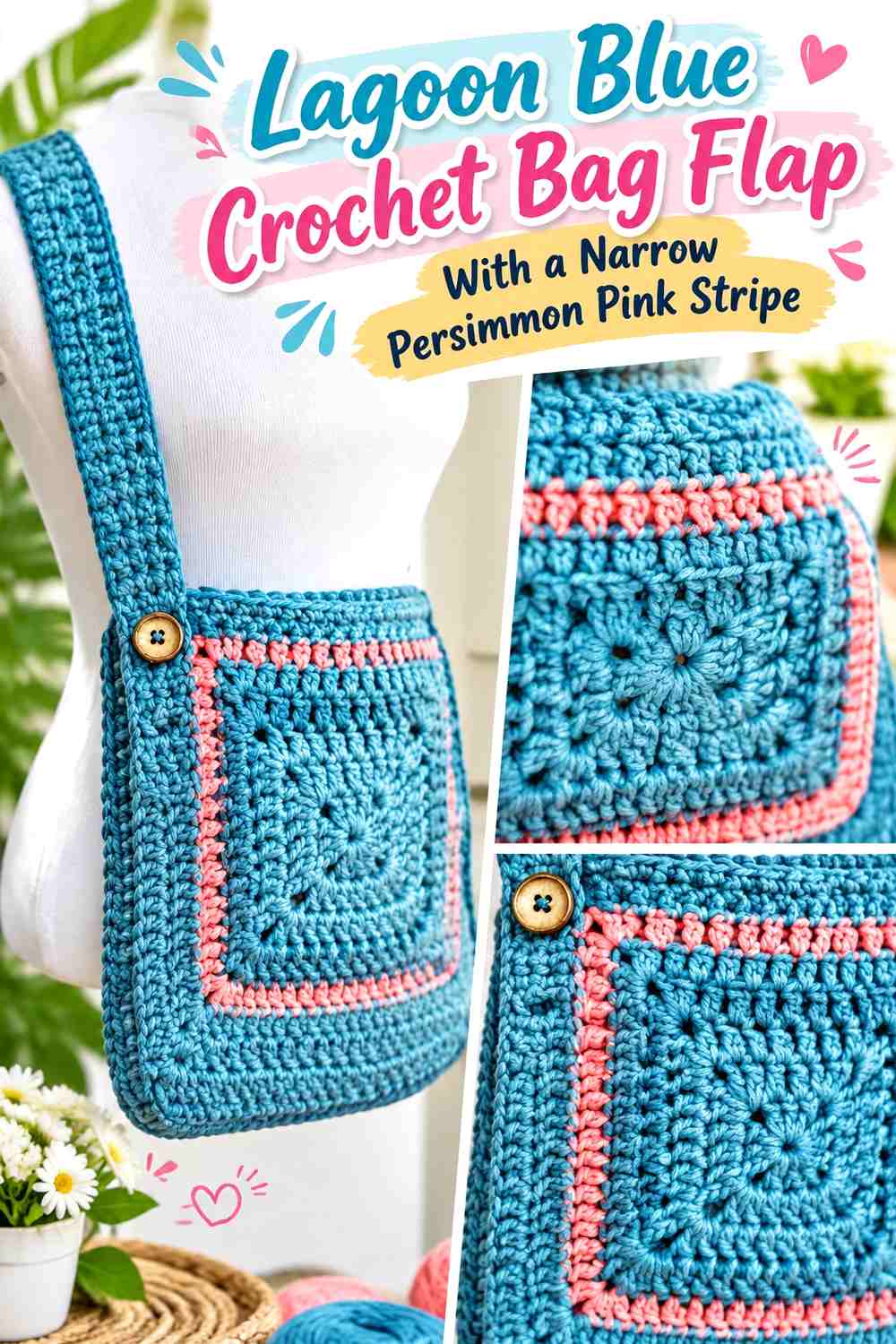 Lagoon Blue Crochet Bag Flap With a Narrow Persimmon Pink Stripe
