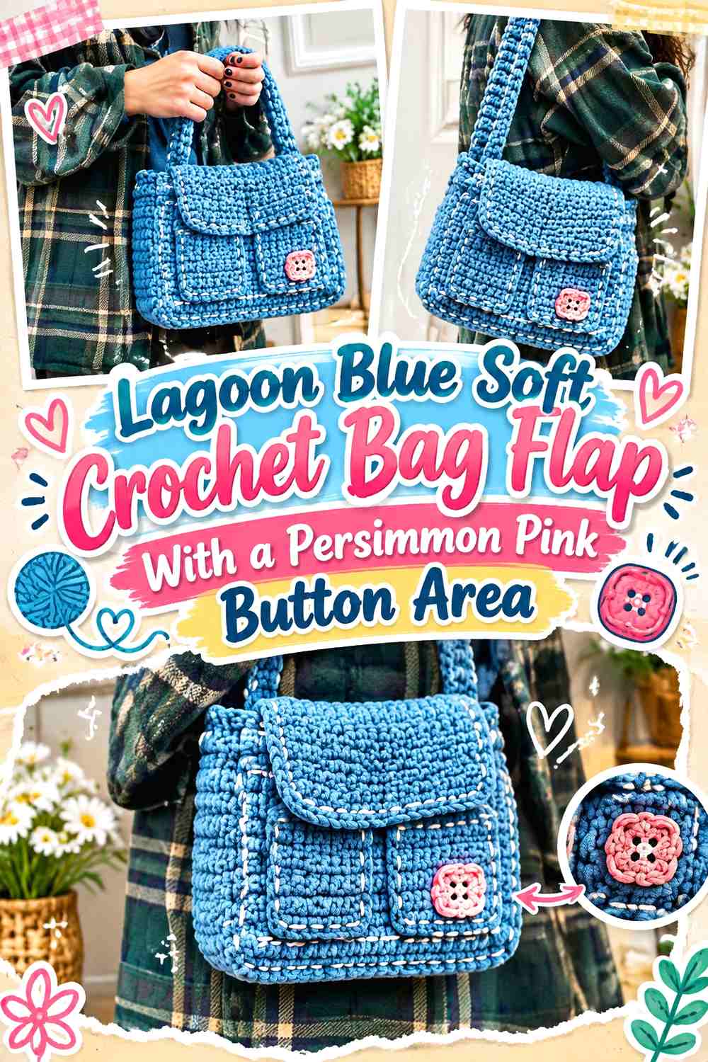 Lagoon Blue Soft Crochet Bag Flap With a Persimmon Pink Button Area