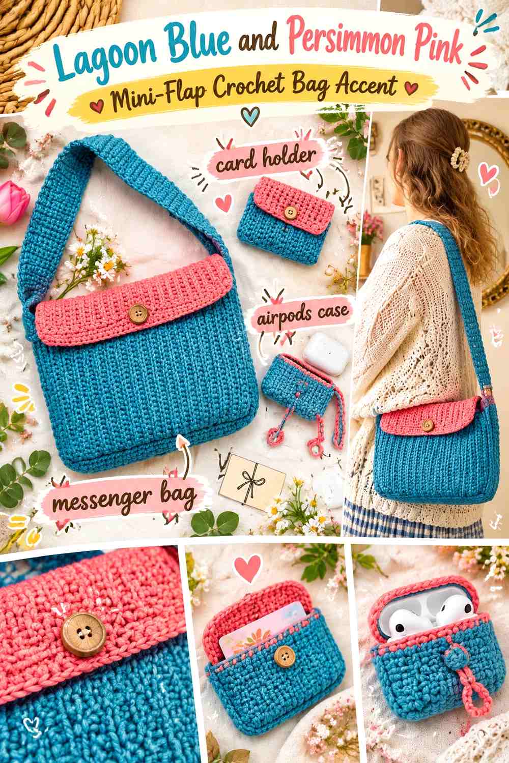 Lagoon Blue and Persimmon Pink Mini-Flap Crochet Bag Accent
