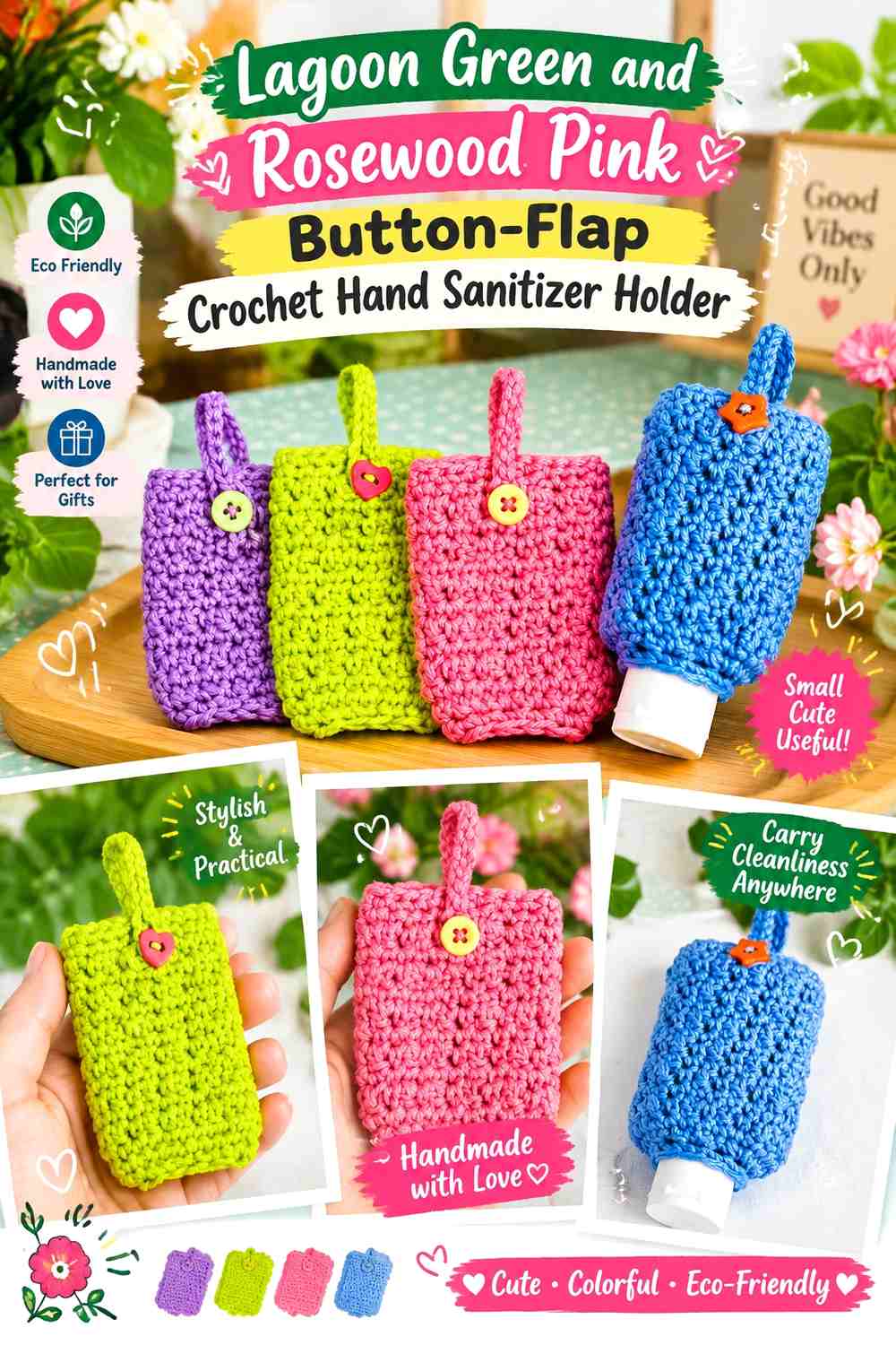Lagoon Green and Rosewood Pink Button Flap Crochet Hand Sanitizer Holder