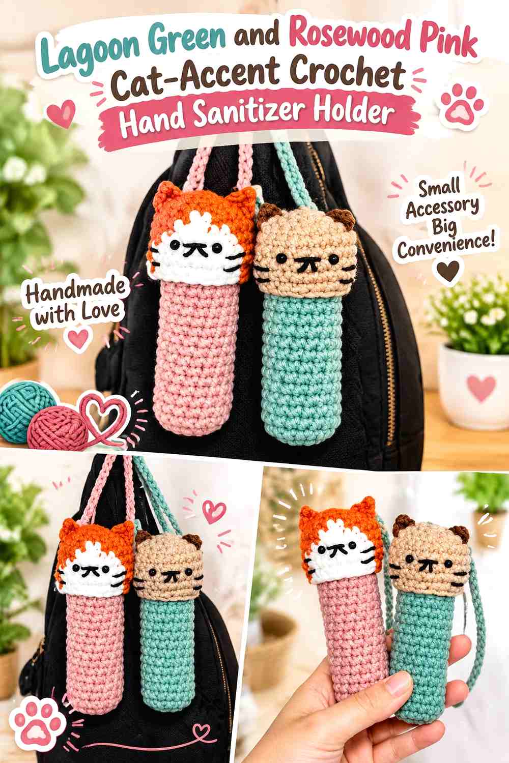 Lagoon Green and Rosewood Pink Cat Accent Crochet Hand Sanitizer Holder