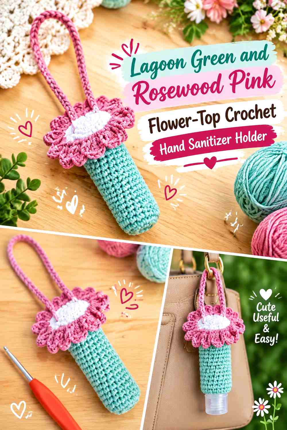 Lagoon Green and Rosewood Pink Flower Top Crochet Hand Sanitizer Holder