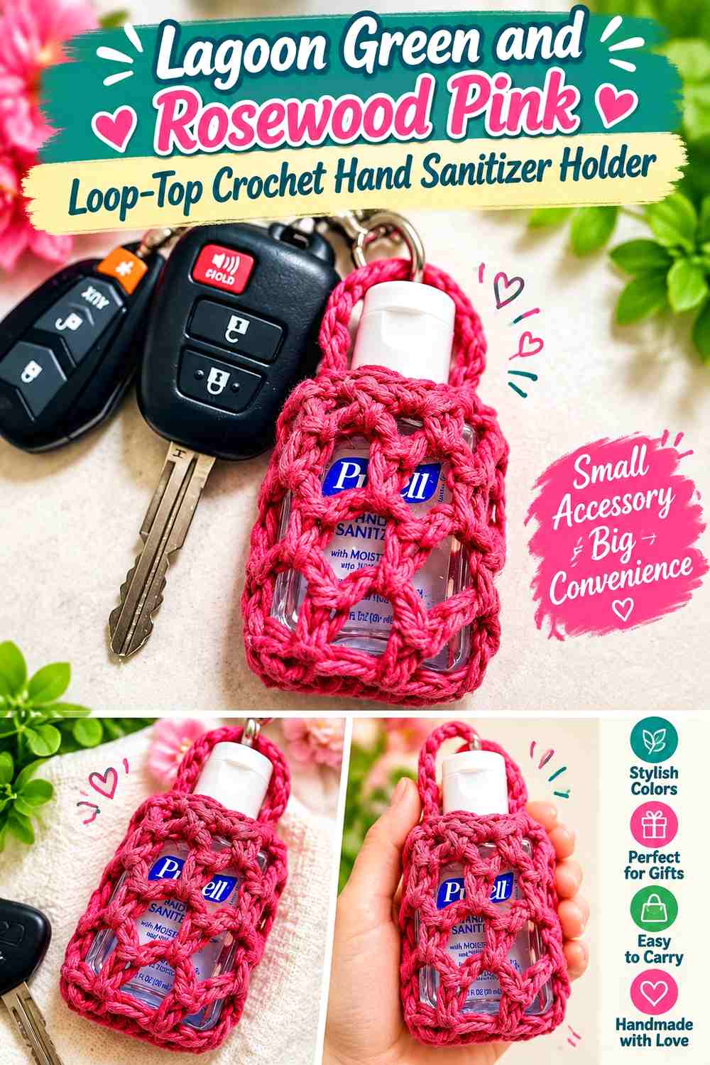 Lagoon Green and Rosewood Pink Loop Top Crochet Hand Sanitizer Holder