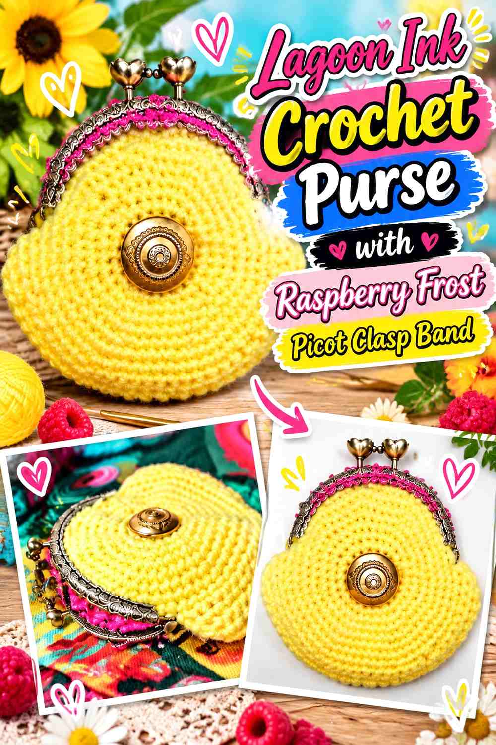 Lagoon Ink Crochet Purse with Raspberry Frost Picot Clasp Band