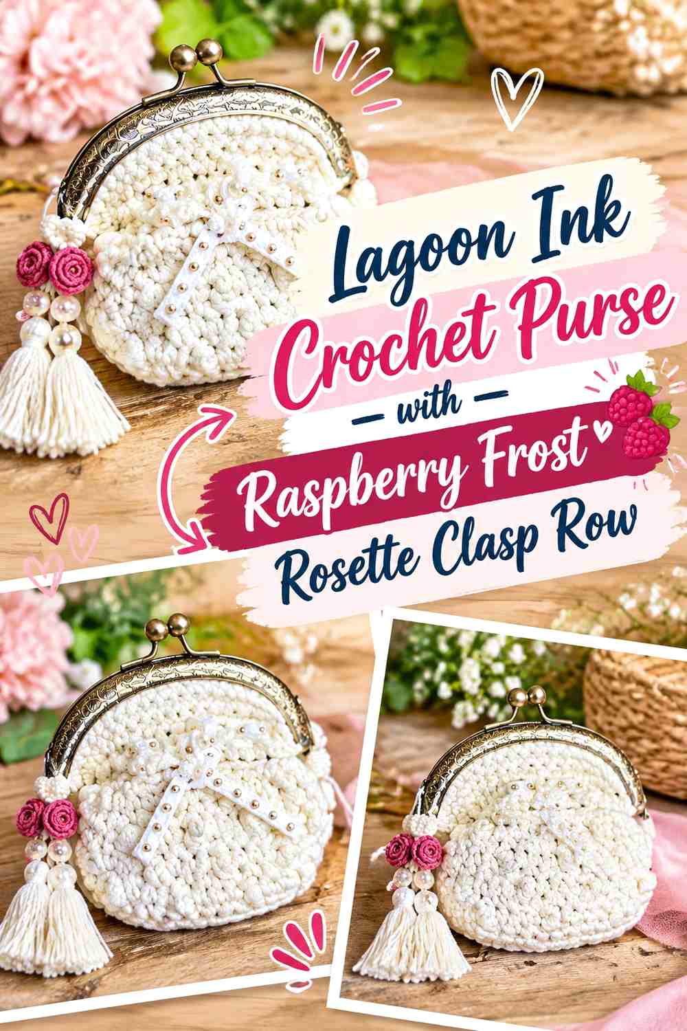 Lagoon Ink Crochet Purse with Raspberry Frost Rosette Clasp Row