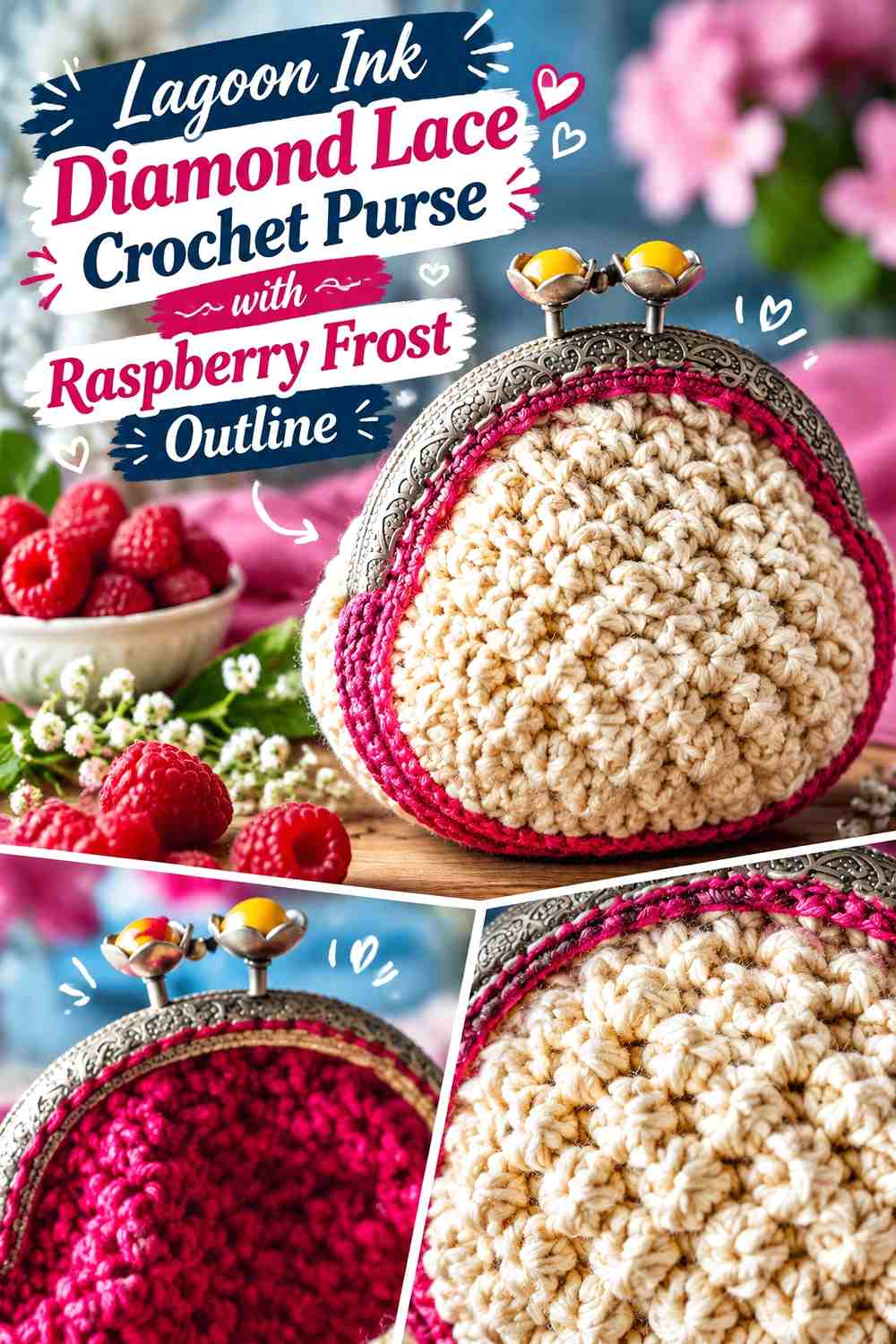 Lagoon Ink Diamond Lace Crochet Purse with Raspberry Frost Outline