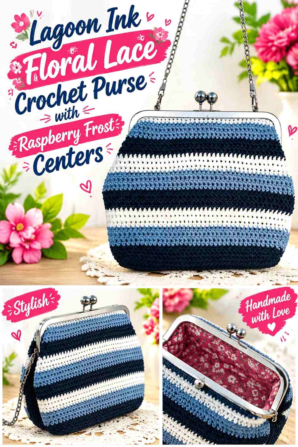 Lagoon Ink Floral Lace Crochet Purse with Raspberry Frost Centers