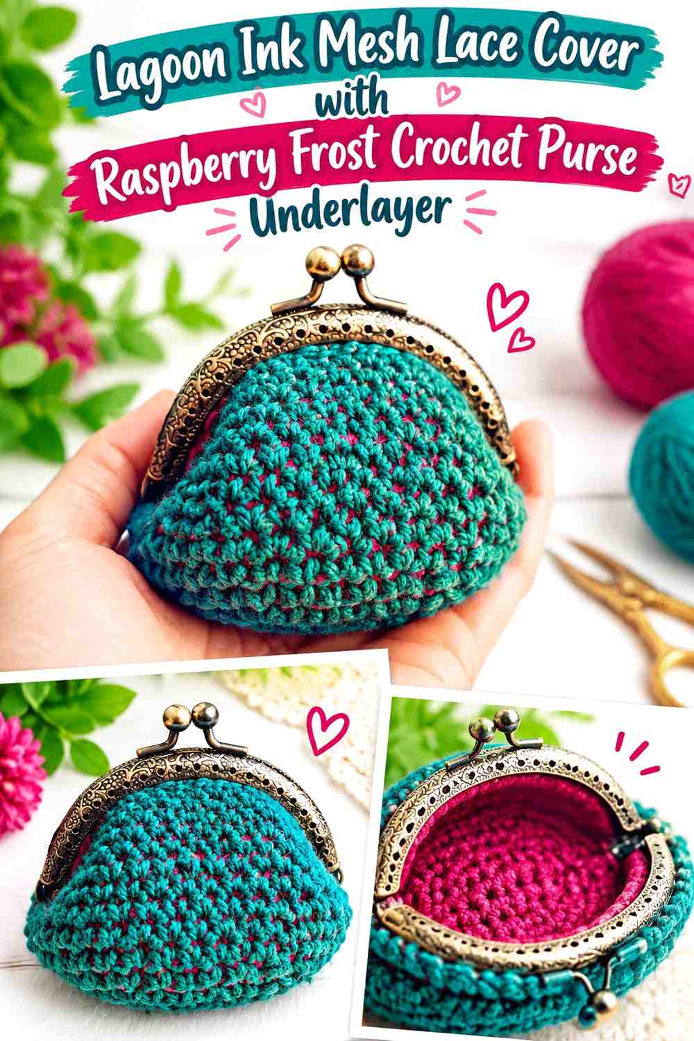 Lagoon Ink Mesh Lace Cover with Raspberry Frost Crochet Purse Underlayer