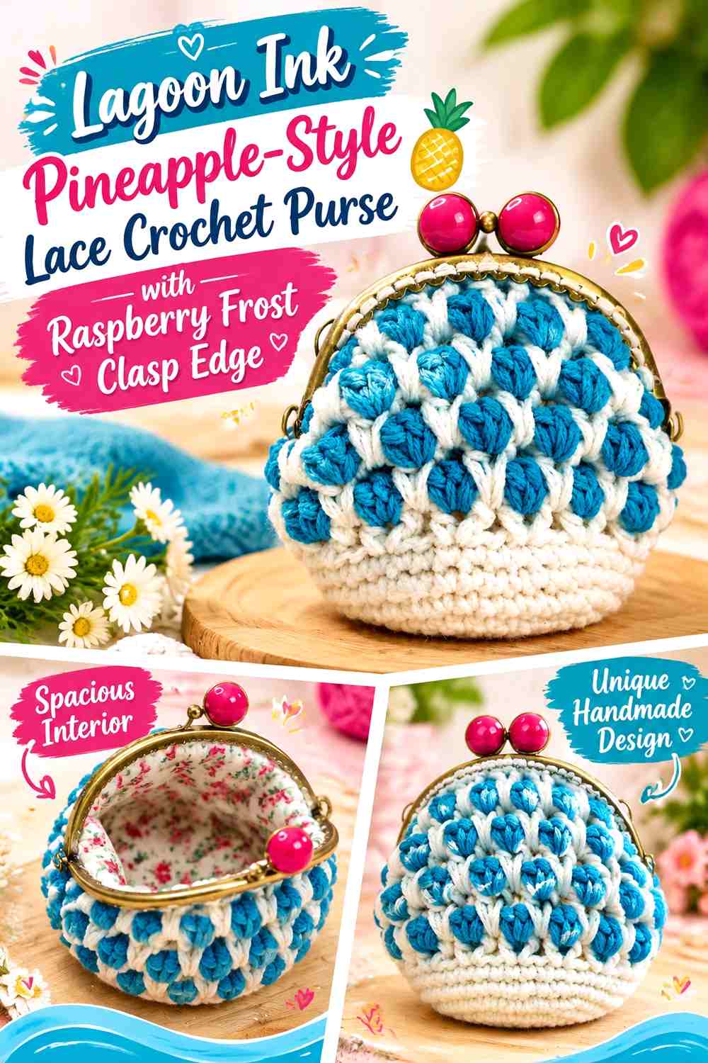 Lagoon Ink Pineapple-Style Lace Crochet Purse with Raspberry Frost Clasp Edge