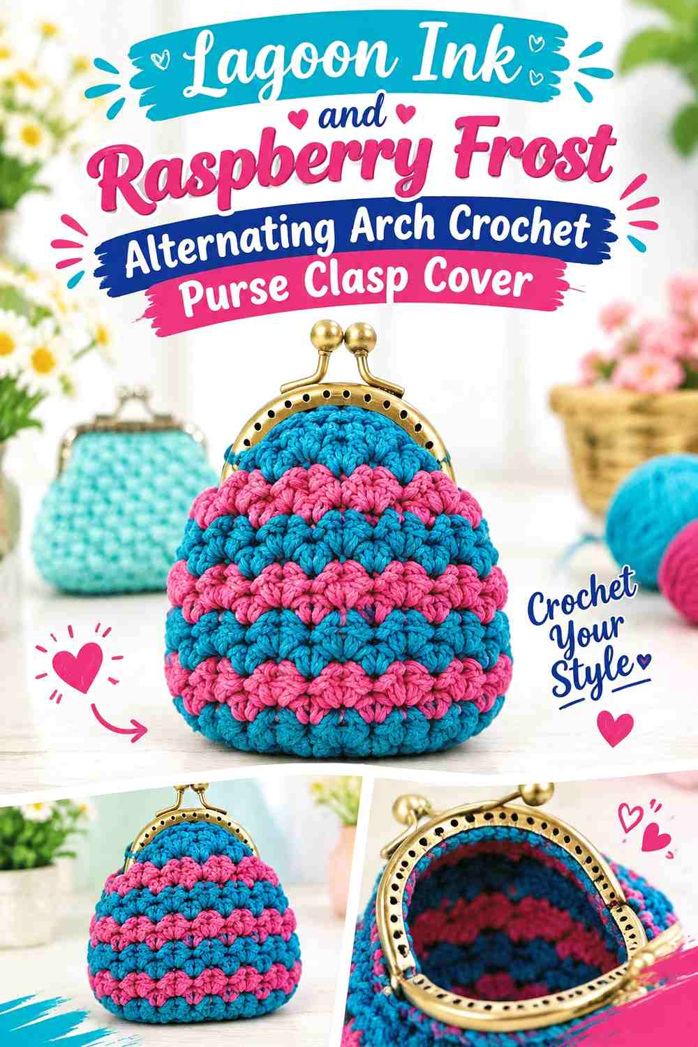 Lagoon Ink and Raspberry Frost Alternating Arch Crochet Purse Clasp Cover
