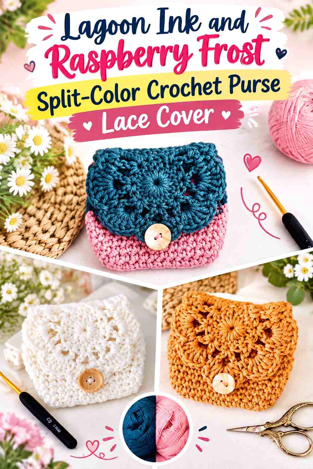 Lagoon Ink and Raspberry Frost Split-Color Crochet Purse Lace Cover