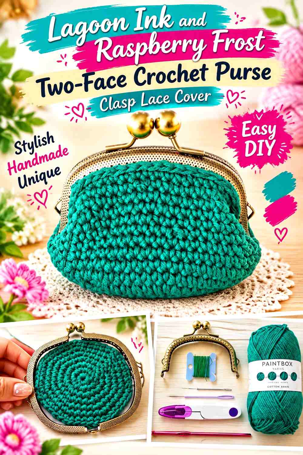 Lagoon Ink and Raspberry Frost Two-Face Crochet Purse Clasp Lace Cover