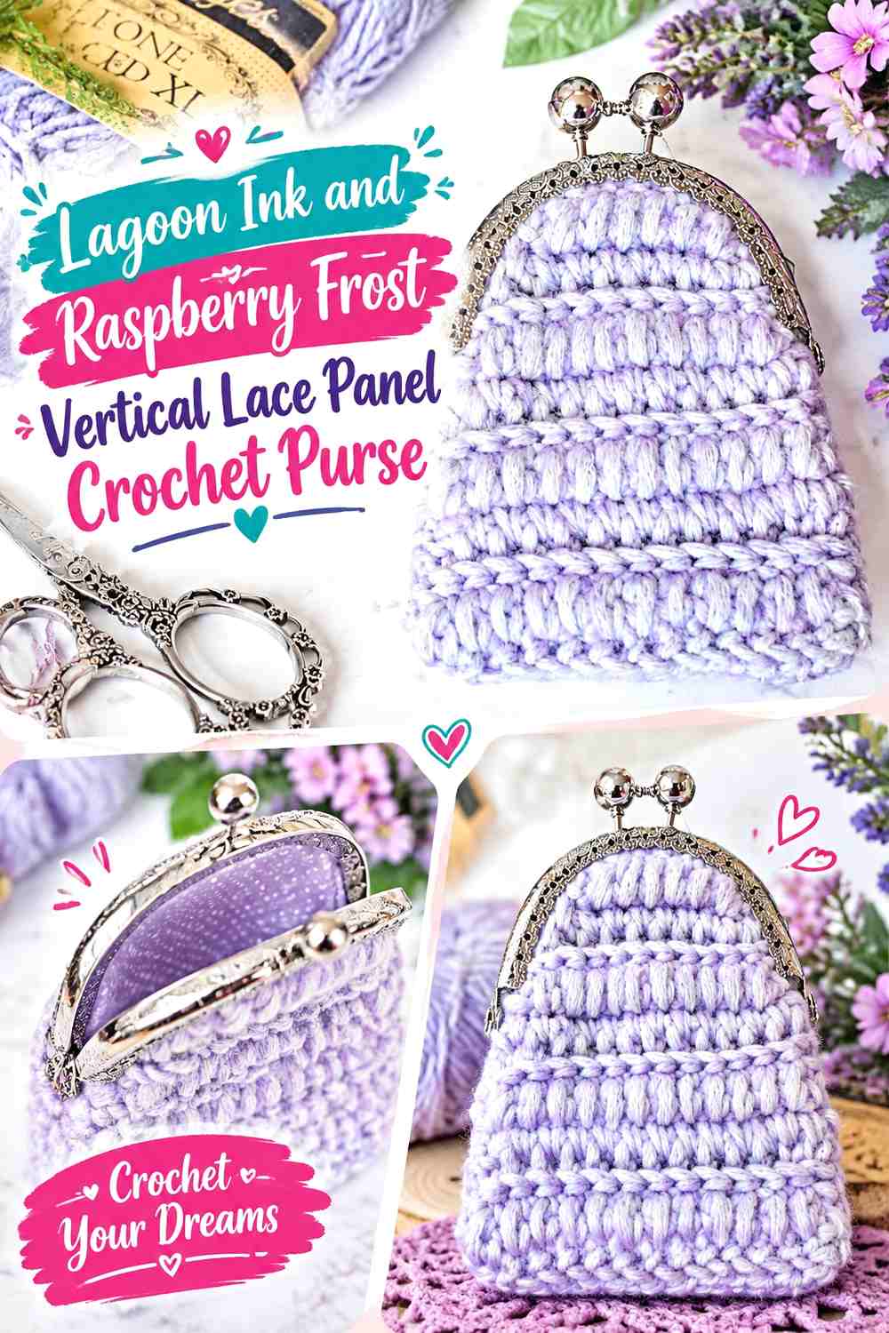 Lagoon Ink and Raspberry Frost Vertical Lace Panel Crochet Purse