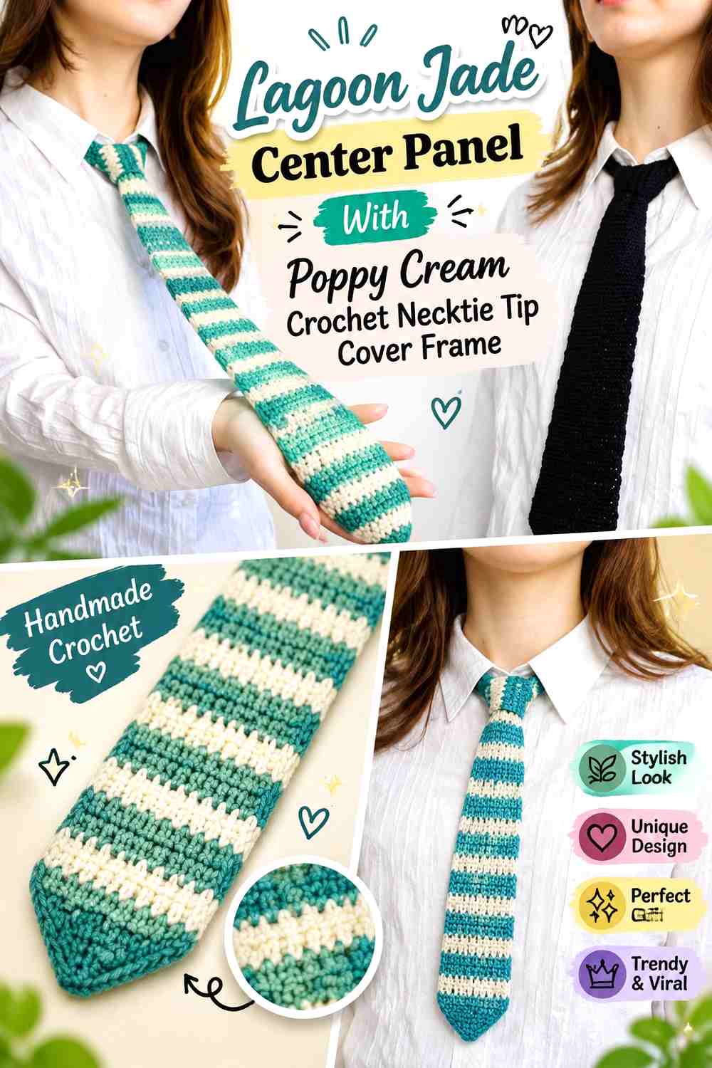 Lagoon Jade Center Panel With Poppy Cream Crochet Necktie Tip Cover Frame
