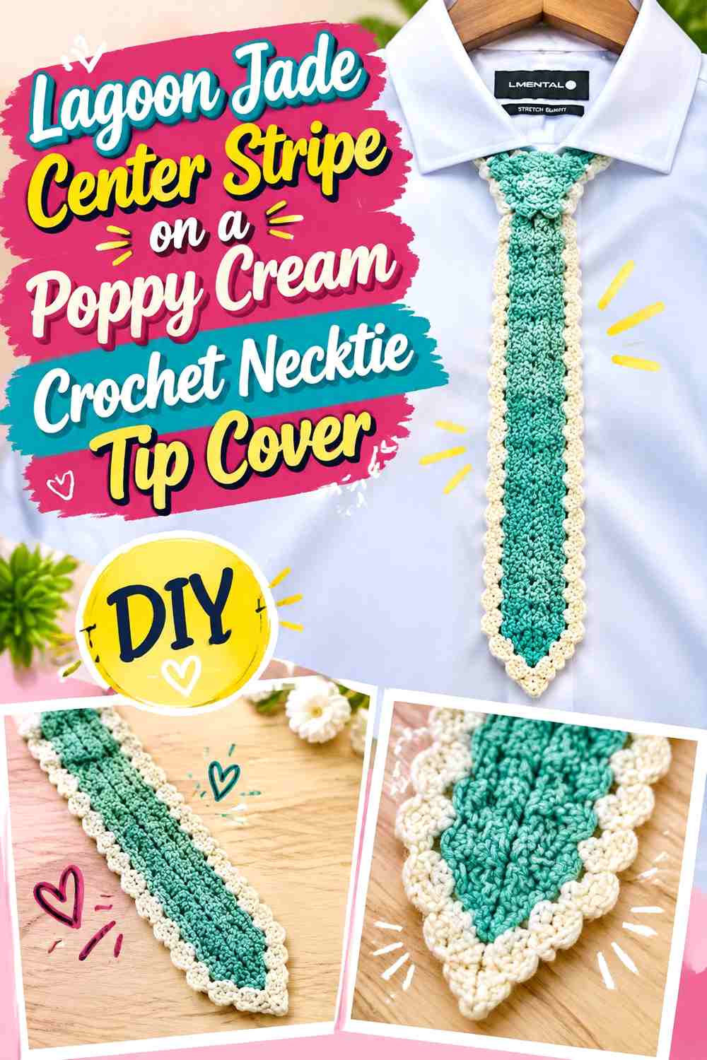 Lagoon Jade Center Stripe on a Poppy Cream Crochet Necktie Tip Cover