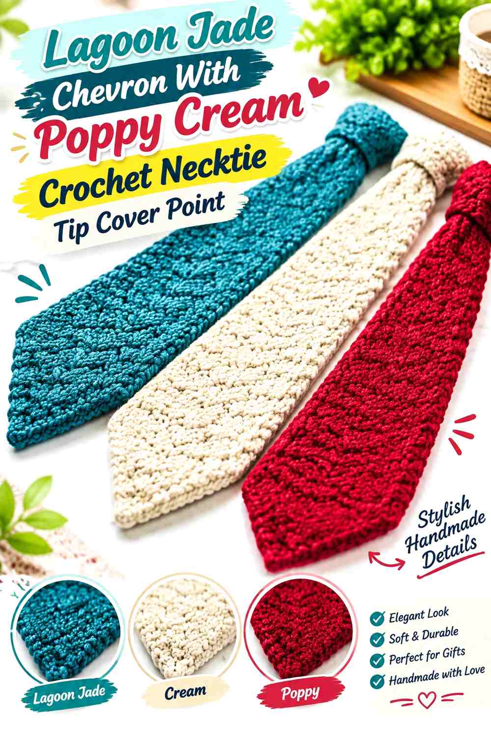 Lagoon Jade Chevron With Poppy Cream Crochet Necktie Tip Cover Point