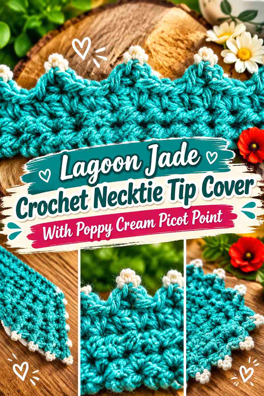 Lagoon Jade Crochet Necktie Tip Cover With Poppy Cream Picot Point