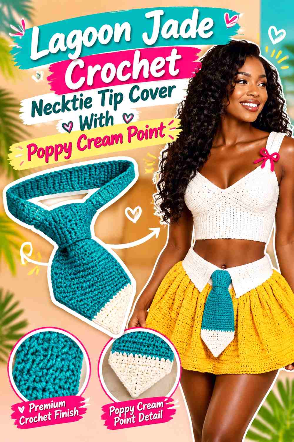Lagoon Jade Crochet Necktie Tip Cover With Poppy Cream Point