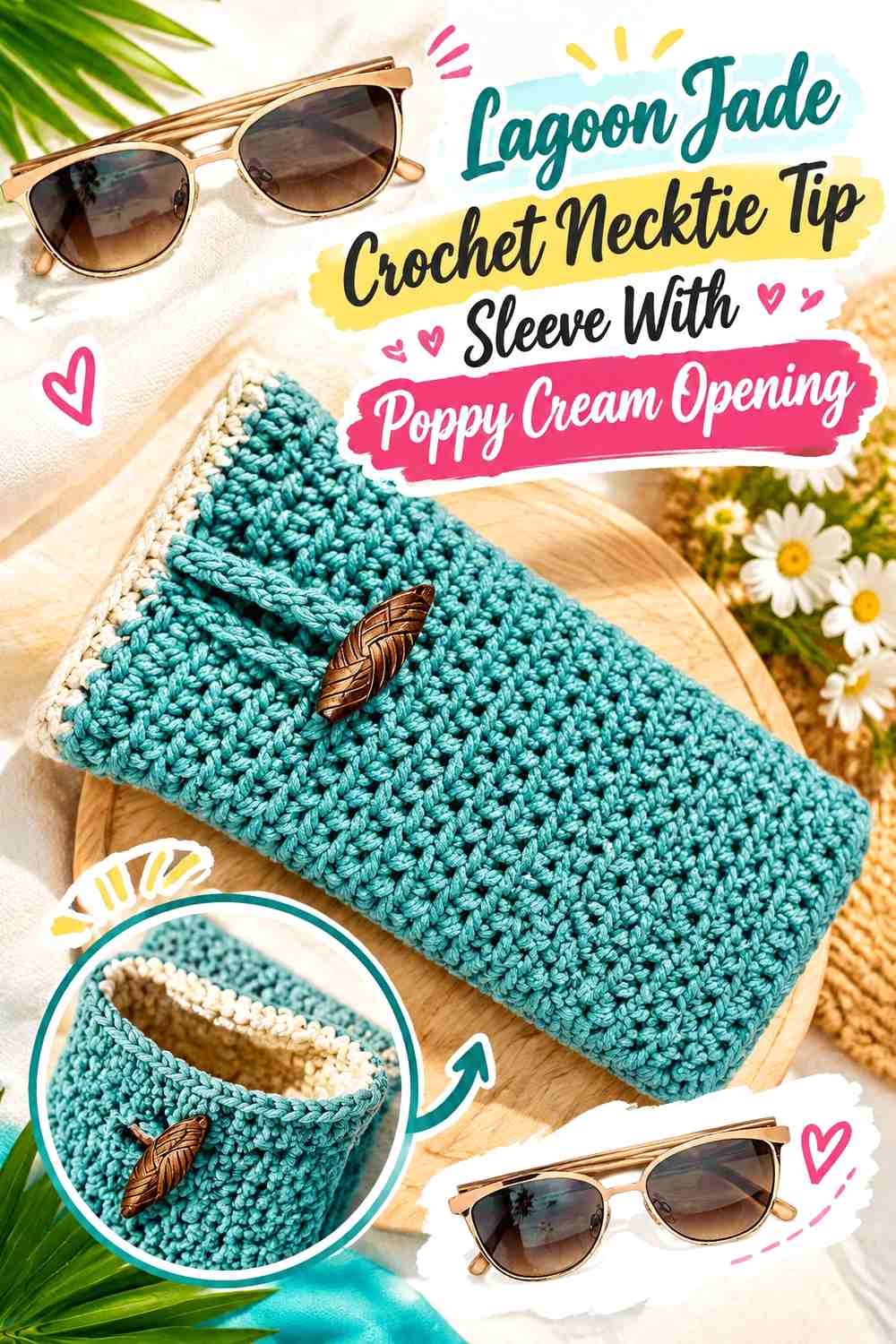Lagoon Jade Crochet Necktie Tip Sleeve With Poppy Cream Opening