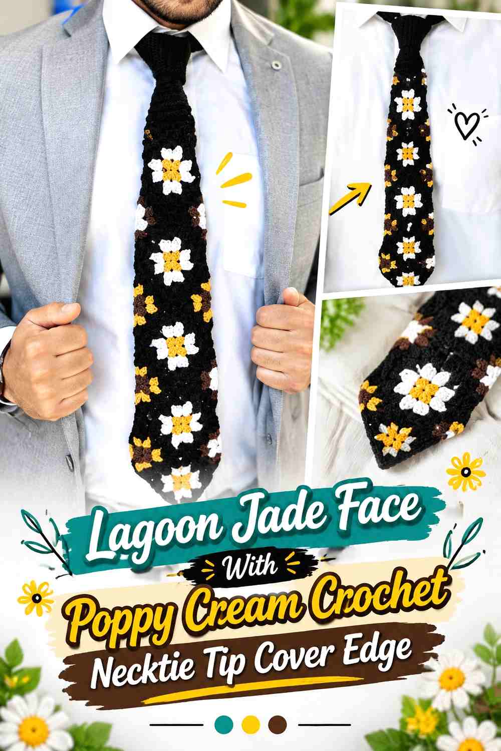 Lagoon Jade Face With Poppy Cream Crochet Necktie Tip Cover Edge