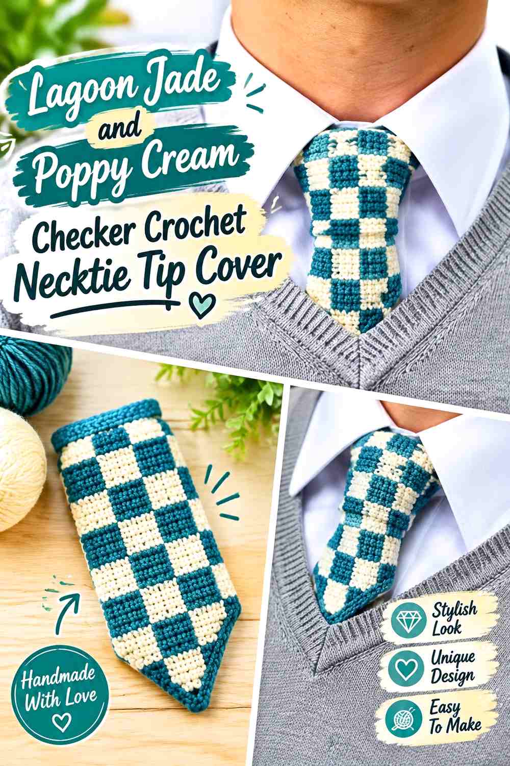 Lagoon Jade and Poppy Cream Checker Crochet Necktie Tip Cover
