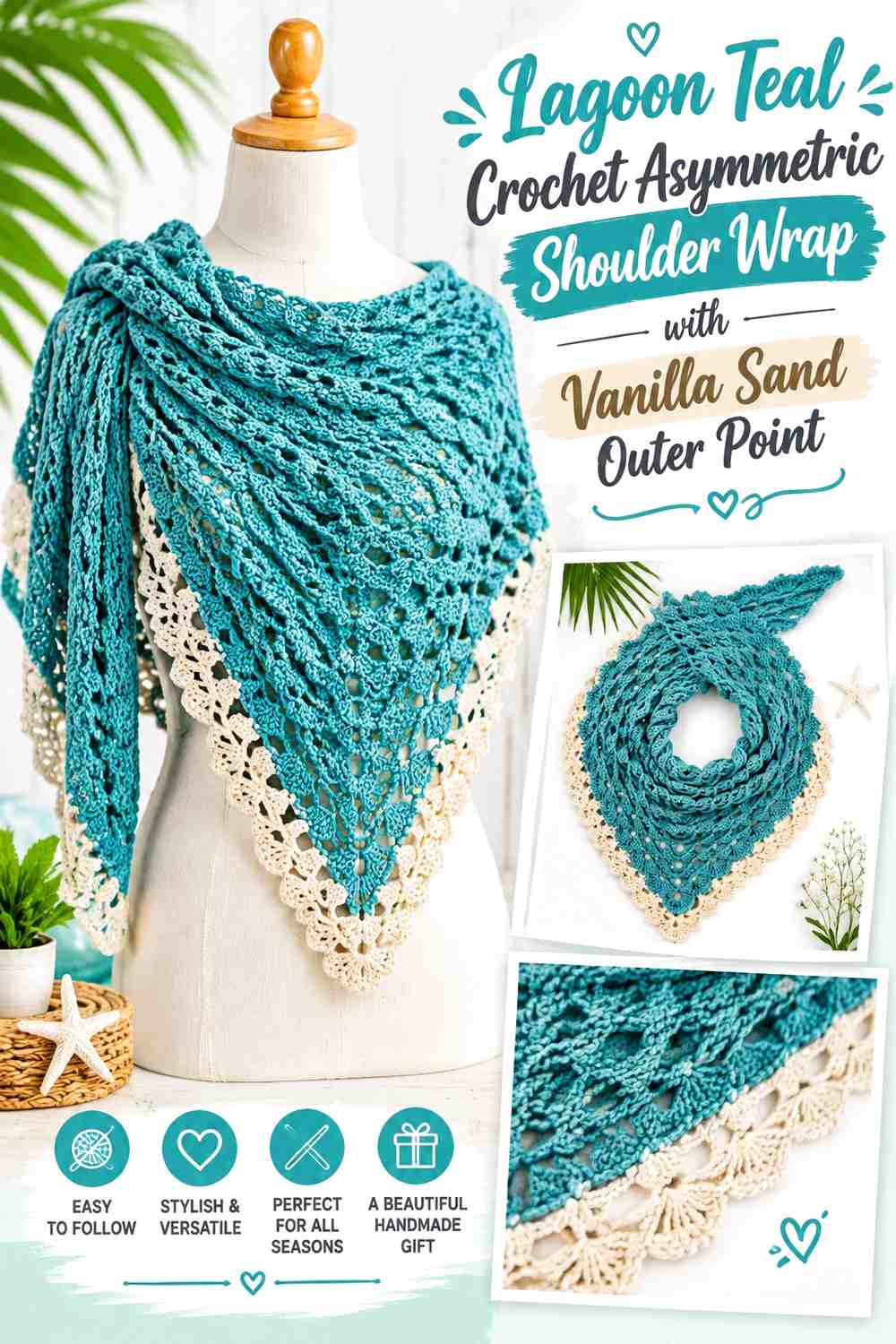 Lagoon Teal Crochet Asymmetric Shoulder Wrap with Vanilla Sand Outer Point