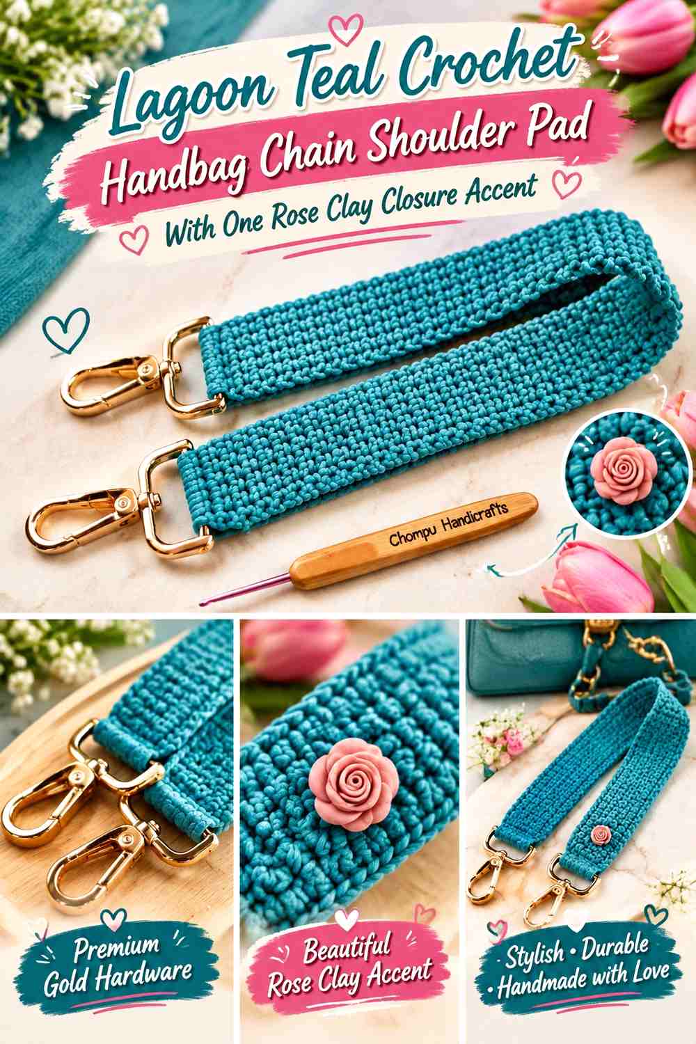 Lagoon Teal Crochet Handbag Chain Shoulder Pad With One Rose Clay Closure Accent